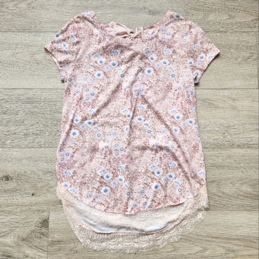 LC Lauren Conrad Pink Floral Lace Shirt Womens Xs Fabric Tie Cottagecore Summer